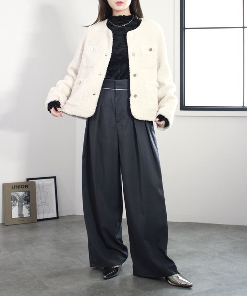 Reurie'(レウリィ)の「ツイルダブルタックスラックス/twill double tuck slacks ワイドパンツ モード カジュアル オフィス パイピング タック入り(スラックス・レディース・アイボリー/チャコールグレー・FREE)」の19枚目の写真