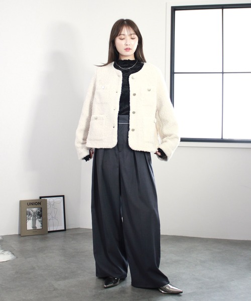 Reurie'(レウリィ)の「ツイルダブルタックスラックス/twill double tuck slacks ワイドパンツ モード カジュアル オフィス パイピング タック入り(スラックス・レディース・アイボリー/チャコールグレー・FREE)」の18枚目の写真