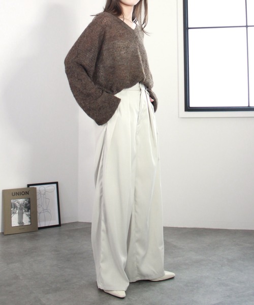 Reurie'(レウリィ)の「ツイルダブルタックスラックス/twill double tuck slacks ワイドパンツ モード カジュアル オフィス パイピング タック入り(スラックス・レディース・アイボリー/チャコールグレー・FREE)」の21枚目の写真