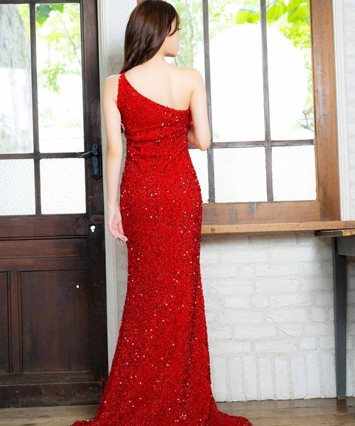 キャバドレス ロング タイト ファー付きワンショルダーキラキラ