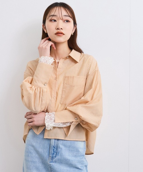 VIS（ビス）の「【防シワ/接触冷感/洗える】ボリュームスリーブショート丈シアーシャツ（シャツ/ブラウス・レディース・ホワイト/オレンジ系その他/サックスブルー・FREE）」の10枚目の写真