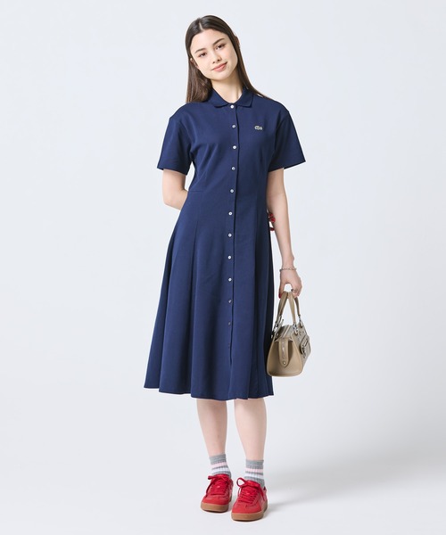 LACOSTE(ラコステ)の「鹿の子地シャツドレス ドレープフレアワンピース(シャツワンピース・レディース・ペールイエロー/グレイッシュブルー/ネイビー/アクア・34/38/40/36)」の1枚目の写真