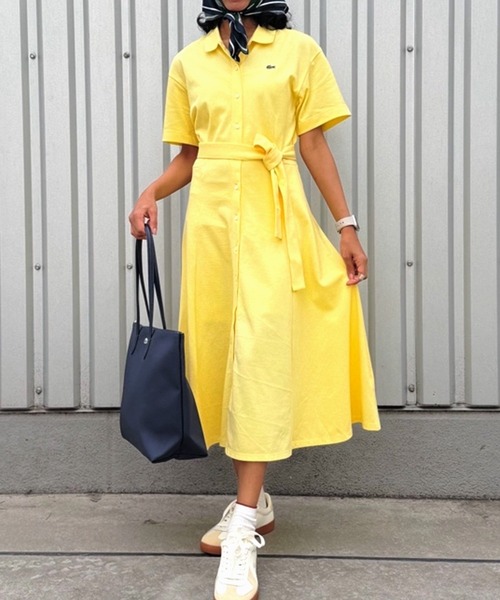 LACOSTE(ラコステ)の「鹿の子地シャツドレス ドレープフレアワンピース(シャツワンピース・レディース・ペールイエロー/グレイッシュブルー/ネイビー/アクア・34/38/40/36)」の6枚目の写真