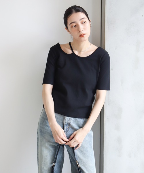 select MOCA(セレクトモカ)の「デザインネックハーフスリーブトップス(Tシャツ/カットソー・レディース・アイボリー/ブラック/ブラウン・FREE)」の21枚目の写真