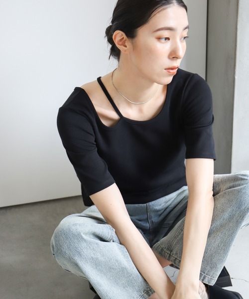 select MOCA(セレクトモカ)の「デザインネックハーフスリーブトップス(Tシャツ/カットソー・レディース・アイボリー/ブラック/ブラウン・FREE)」の19枚目の写真