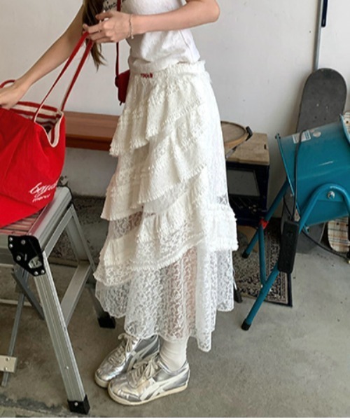 gossip!ロサンゼルス(ゴシップロサンゼルス)の「Y2K 総レース不規則 スカート 日常&シンプル 25SS(スカート・レディース・ホワイト・FREE)」の5枚目の写真