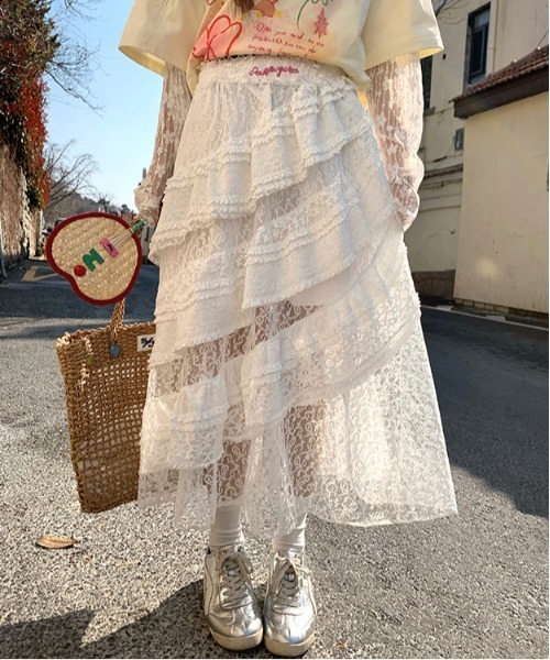 gossip!ロサンゼルス(ゴシップロサンゼルス)の「Y2K 総レース不規則 スカート 日常&シンプル 25SS(スカート・レディース・ホワイト・FREE)」の6枚目の写真