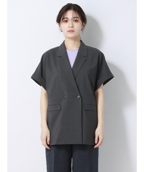 SUIT SQUARE（スーツスクエア）の「ダブルブレストシアーシャツジャケット 半袖 ウォッシャブル 麻調ポプリン 無地（シャツ/ブラウス・レディース・グレー系/ベージュ系・38(9号)）」の13枚目の写真