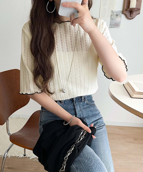 classicalelf（クラシカルエルフ）の「肌見せしすぎず、ほんのり色っぽ。透かし編みメロウトップスカットソー（半袖）（Tシャツ/カットソー・レディース・ピンク/アイボリー/ブラック/ライトグレー・SMALL/LARGE/MEDIUM/X-LARGE）」の15枚目の写真