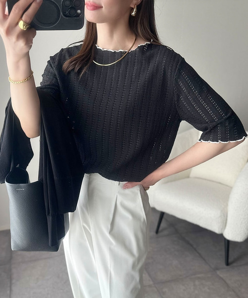 classicalelf（クラシカルエルフ）の「肌見せしすぎず、ほんのり色っぽ。透かし編みメロウトップスカットソー（半袖）（Tシャツ/カットソー・レディース・ピンク/アイボリー/ブラック/ライトグレー・SMALL/LARGE/MEDIUM/X-LARGE）」の10枚目の写真