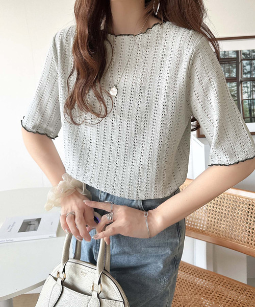 classicalelf（クラシカルエルフ）の「肌見せしすぎず、ほんのり色っぽ。透かし編みメロウトップスカットソー（半袖）（Tシャツ/カットソー・レディース・ピンク/アイボリー/ブラック/ライトグレー・SMALL/LARGE/MEDIUM/X-LARGE）」の11枚目の写真