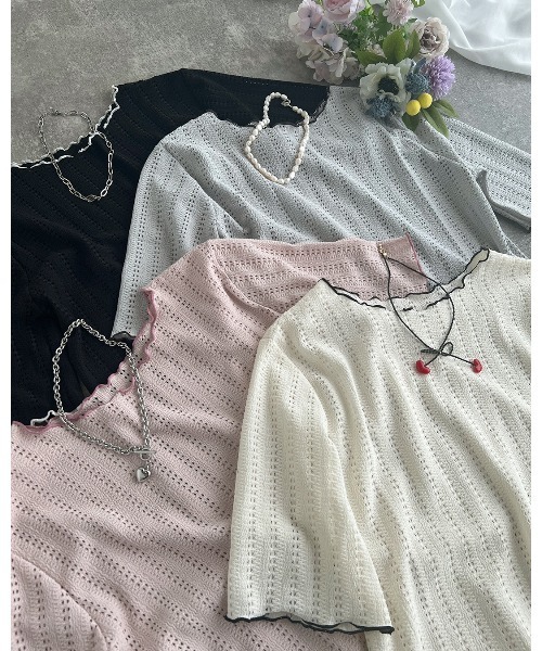 classicalelf（クラシカルエルフ）の「肌見せしすぎず、ほんのり色っぽ。透かし編みメロウトップスカットソー（半袖）（Tシャツ/カットソー・レディース・ピンク/アイボリー/ブラック/ライトグレー・SMALL/LARGE/MEDIUM/X-LARGE）」の7枚目の写真