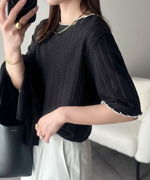 classicalelf（クラシカルエルフ）の「肌見せしすぎず、ほんのり色っぽ。透かし編みメロウトップスカットソー（半袖）（Tシャツ/カットソー・レディース・ピンク/アイボリー/ブラック/ライトグレー・SMALL/LARGE/MEDIUM/X-LARGE）」の8枚目の写真