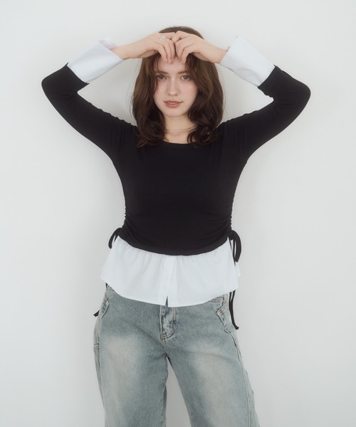 mellowneon(メロウネオン)の「2wayレイヤードライクトップス(Tシャツ/カットソー・レディース・ブラウン/ブラック/グレー・FREE)」の14枚目の写真