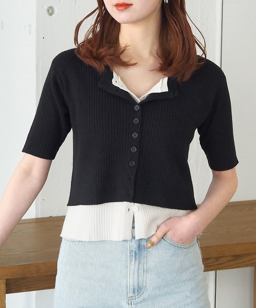 tiptop(ティップトップ)の「配色レイヤードカーディガン(ニット/セーター・レディース・ネイビー/グレー/ブルー/ブラック・FREE)」の2枚目の写真