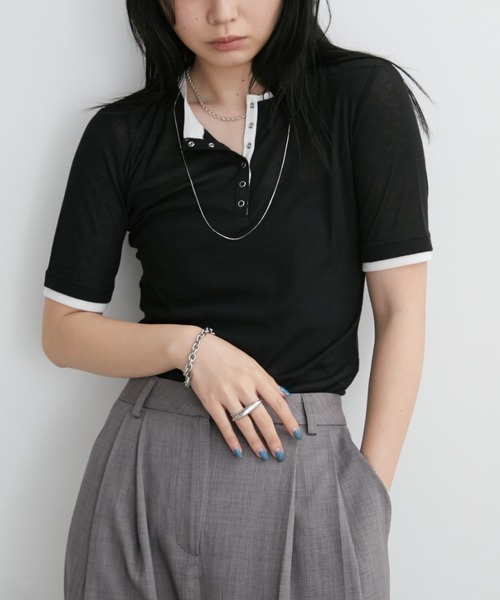 Aunt Marie's（アントマリーズ）の「配色ヘンリーネックシアートップス（Tシャツ/カットソー・レディース・グレー/ブルー/ブラック/イエロー/ホワイト・FREE）」の7枚目の写真