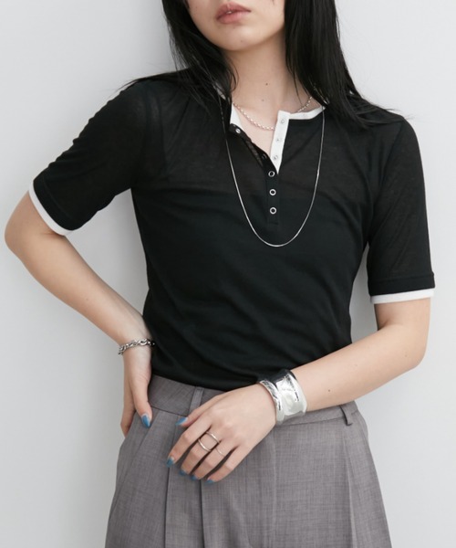 Aunt Marie's（アントマリーズ）の「配色ヘンリーネックシアートップス（Tシャツ/カットソー・レディース・グレー/ブルー/ブラック/イエロー/ホワイト・FREE）」の11枚目の写真