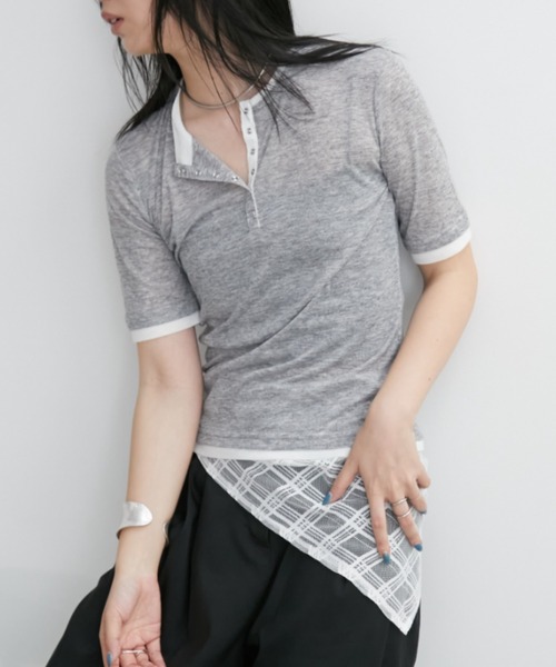Aunt Marie's(アントマリーズ)の「配色ヘンリーネックシアートップス(Tシャツ/カットソー・レディース・グレー/ブルー/ブラック/イエロー/ホワイト・FREE)」の21枚目の写真