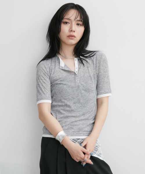 Aunt Marie's（アントマリーズ）の「配色ヘンリーネックシアートップス（Tシャツ/カットソー・レディース・グレー/ブルー/ブラック/イエロー/ホワイト・FREE）」の22枚目の写真