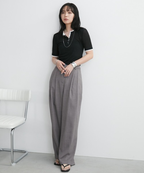 Aunt Marie's（アントマリーズ）の「配色ヘンリーネックシアートップス（Tシャツ/カットソー・レディース・グレー/ブルー/ブラック/イエロー/ホワイト・FREE）」の13枚目の写真