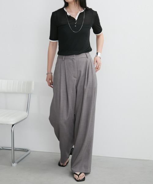 Aunt Marie's（アントマリーズ）の「配色ヘンリーネックシアートップス（Tシャツ/カットソー・レディース・グレー/ブルー/ブラック/イエロー/ホワイト・FREE）」の12枚目の写真