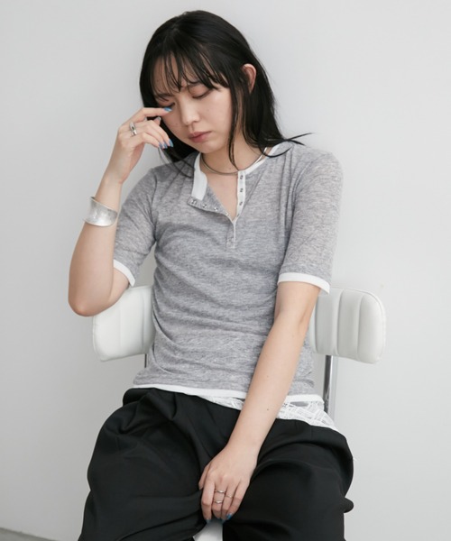 Aunt Marie's（アントマリーズ）の「配色ヘンリーネックシアートップス（Tシャツ/カットソー・レディース・グレー/ブルー/ブラック/イエロー/ホワイト・FREE）」の21枚目の写真