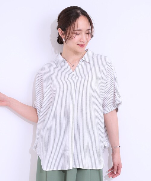 SHOO・LA・RUE(シューラルー)の「【S-LL/UV/ひんやり/抗菌防臭】体型を自然にカバー フレンチリネンブレンド襟付ドルマンシャツ(シャツ/ブラウス・レディース・グレー/イエロー/ブラック/ブラック系2/ブルー系7/ピンク・01/04/02/03)」の9枚目の写真