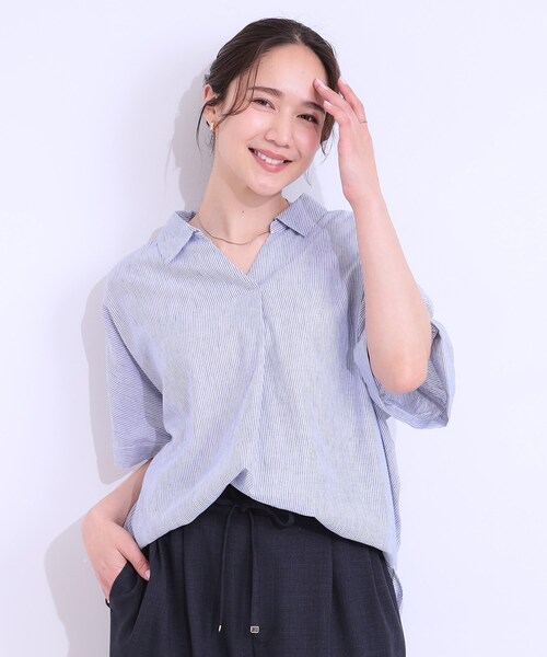 SHOO・LA・RUE(シューラルー)の「【S-LL/UV/ひんやり/抗菌防臭】体型を自然にカバー フレンチリネンブレンド襟付ドルマンシャツ(シャツ/ブラウス・レディース・グレー/イエロー/ブラック/ブラック系2/ブルー系7/ピンク・01/04/02/03)」の13枚目の写真