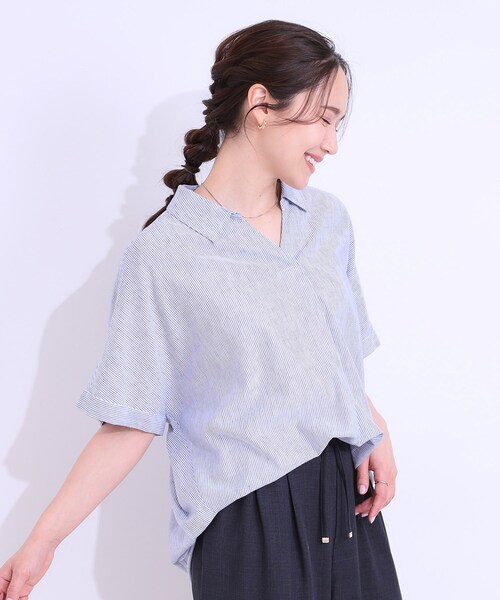 SHOO・LA・RUE(シューラルー)の「【S-LL/UV/ひんやり/抗菌防臭】体型を自然にカバー フレンチリネンブレンド襟付ドルマンシャツ(シャツ/ブラウス・レディース・グレー/イエロー/ブラック/ブラック系2/ブルー系7/ピンク・01/04/02/03)」の14枚目の写真