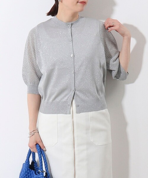 NOLLEY'S LIGHT(ノーリーズライト)の「袖レース柄5分袖カーディガン(ニット/セーター・レディース・ベージュ/ライトグレー/オフホワイト・38)」の1枚目の写真