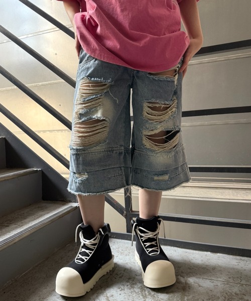 ATMARK(アットマーク)の「《3サイズ展開 / UNISEX 》デニム アソートハーフパンツ ショートパンツ(デニムパンツ・メンズ・ブルー系その他2/ブラック/サックスブルー/ブルー/グリーン/ブラック×ホワイト/ブルー系その他・MEDIUM/LARGE/X-LARGE)」の5枚目の写真