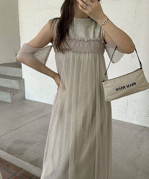 ワンピース FCMM S Shirring Detail SkirtWhite セール】pleats shirring tulle camisole OP(ワンピース