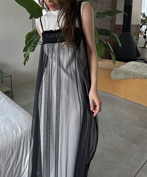 ワンピース willfully tullefrillnosleevenylonzipOP セール】pleats shirring tulle camisole OP（ワンピース