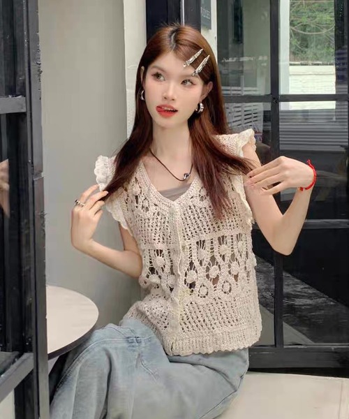 セール】ビスチェ クロシェ編み 袖フリル ベスト トップス
