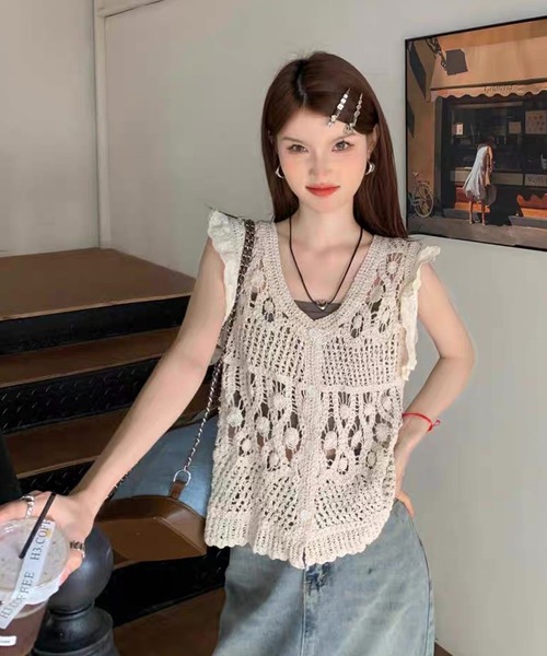 shopnikoniko（ショップニコニコ）の「ビスチェ クロシェ編み 袖フリル ベスト トップス ニットビスチェ ニット かぎ針（ベスト・レディース・ホワイト・フリー）」の9枚目の写真