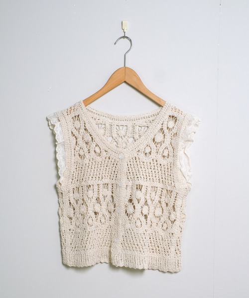 nowos かぎ針編み　ニット　トップス　クロシェ セール】綿100%ショート丈半端袖かぎ針クロシェ編みトップス
