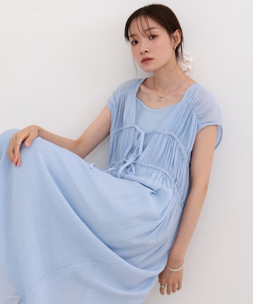 セール】【S・Mサイズ展開】Vネックギャザーリボンワンピース