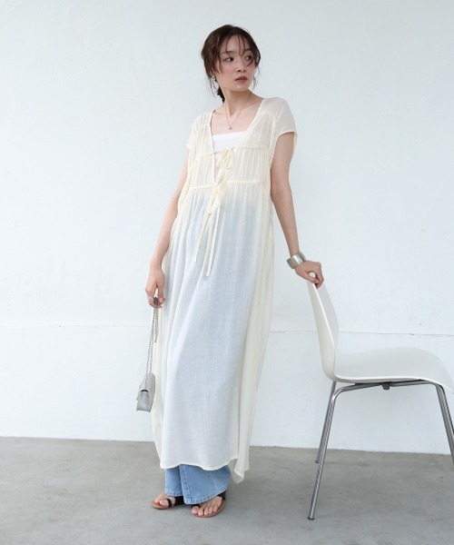 セール】【S・Mサイズ展開】Vネックギャザーリボンワンピース
