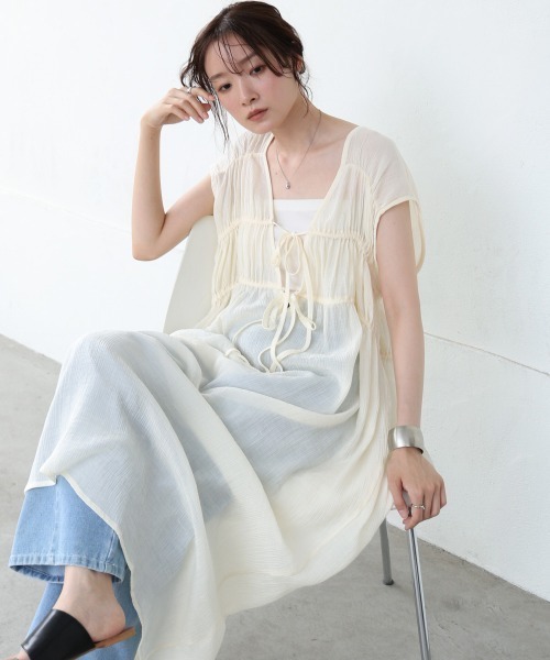 セール】【S・Mサイズ展開】Vネックギャザーリボンワンピース