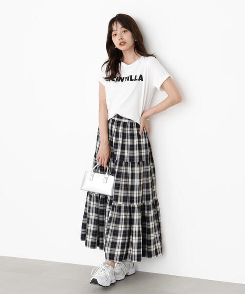 紫と白のチェック柄ティアードスカート セール】チェック柄ティアードスカート（スカート）｜SOLLON