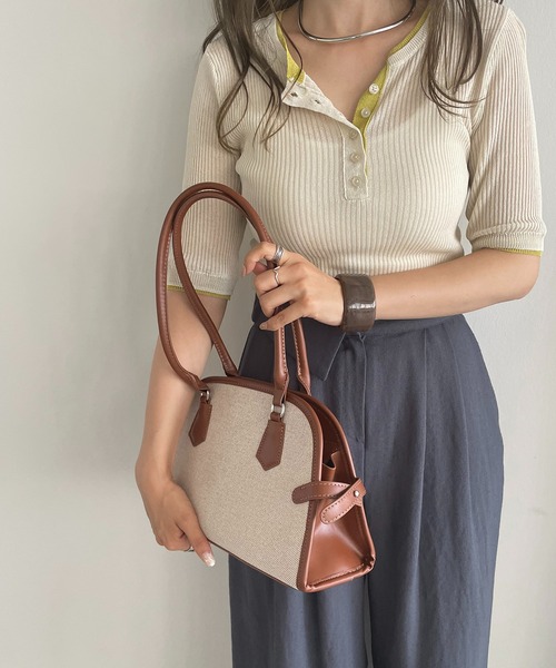 210nouve(トゥージュヌーブ)の「パイピング ミニ キャンバス ボストンバッグ(ボストンバッグ・レディース・キャメル/ブラック・FREE)」の3枚目の写真