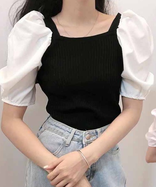 shoppinggo(ショッピングゴー)の「サマーニットトップス スクエアネック 切り替え Tシャツ レディース(Tシャツ/カットソー・レディース・ブルー/ブラック・FREE)」の13枚目の写真