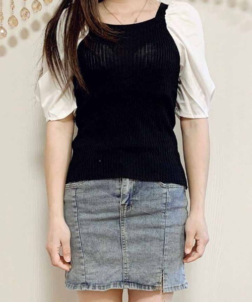 shoppinggo(ショッピングゴー)の「サマーニットトップス スクエアネック 切り替え Tシャツ レディース(Tシャツ/カットソー・レディース・ブルー/ブラック・FREE)」の14枚目の写真