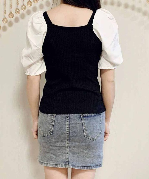 shoppinggo(ショッピングゴー)の「サマーニットトップス スクエアネック 切り替え Tシャツ レディース(Tシャツ/カットソー・レディース・ブルー/ブラック・FREE)」の16枚目の写真