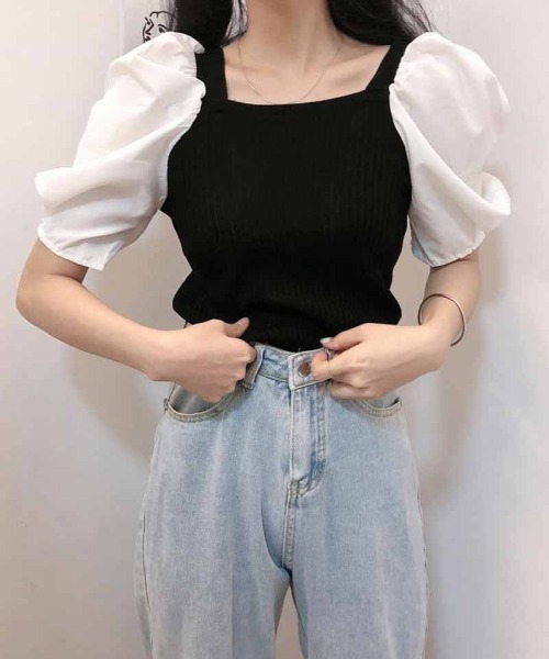 shoppinggo(ショッピングゴー)の「サマーニットトップス スクエアネック 切り替え Tシャツ レディース(Tシャツ/カットソー・レディース・ブルー/ブラック・FREE)」の8枚目の写真