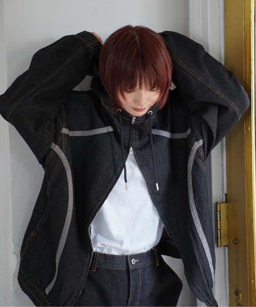 ATELANE（アテレーン）の「ATELANE / リジットデニムフーデットラインジャケット/スウィッチングパンツ/セットアップ（セットアップ・メンズ・ブラック/ネイビー・LARGE/MEDIUM）」の4枚目の写真