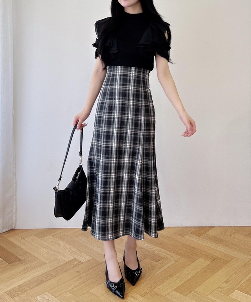 完売品 Randy カービーニットチェックドッキングワンピース ブラック