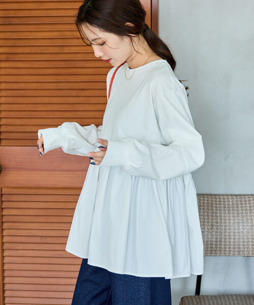 セール】限定展開 カットソー 布帛 ドッキング ティアード 切り替え