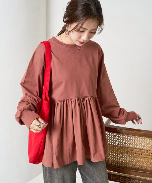 限定展開 カットソー 布帛 ドッキング ティアード 切り替え プル