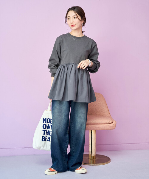 FREAK'S STORE（フリークスストア）の「限定展開　カットソー 布帛 ドッキング ティアード 切り替え プルオーバー（Tシャツ/カットソー・レディース・ベージュ/ピンク/ブラック/ブルーグレー/オフホワイト・ﾌﾘ-）」の8枚目の写真